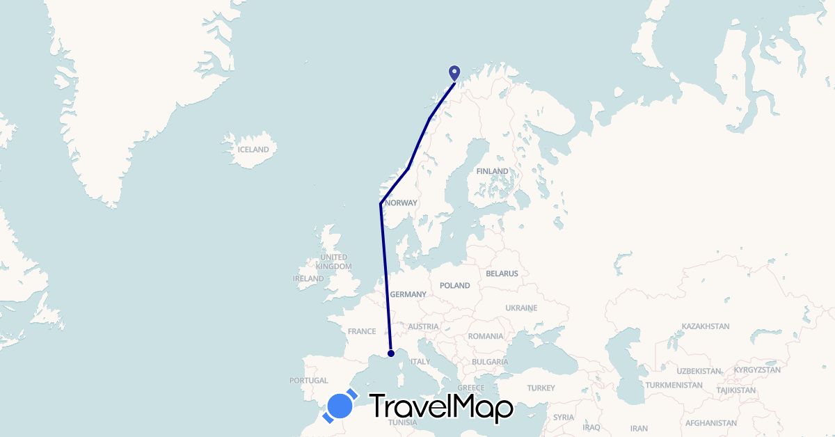 TravelMap itinerary: driving in France, Norway (Europe)